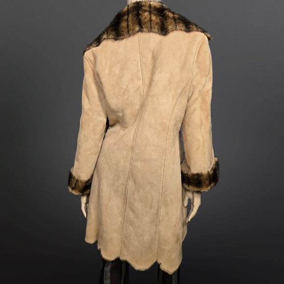 Y2K Penny Lane Coat Size M Boho Beige Faux Suede Brown Faux Fur Mid Length - Picture 8 of 13